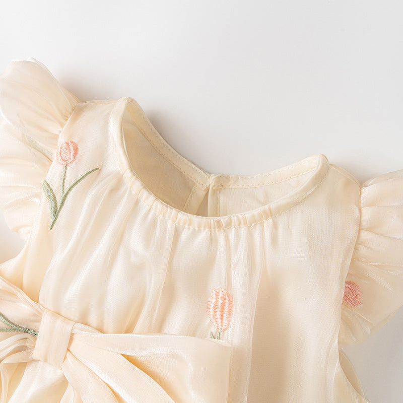 ふんわり涼やかに着られる 女の子ノースリーブロンパース チューリップ刺繍リボンデザイン ポリエステル×コットン裏地 66~90cm