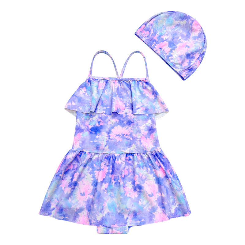 【スイムキャップ付き】キッズ女の子 フリルスカート一体型ワンピース水着 花柄・パープル|日差し対策・塩素に強い・吸汗速乾・通気性 2-10歳