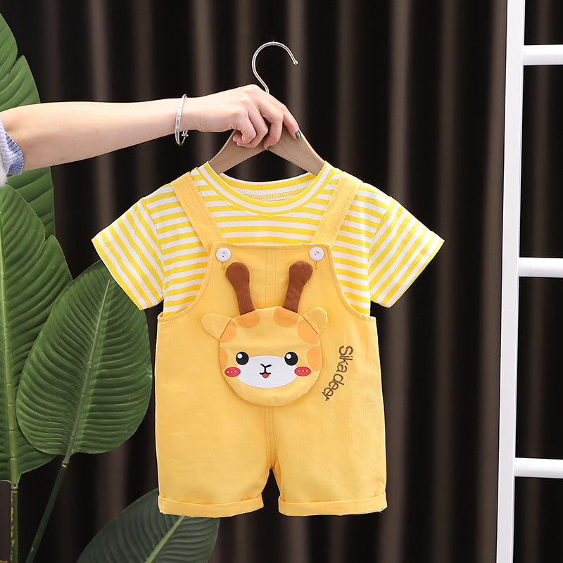 元気に動けて写真映えする 子どもサロペット オーバーオール風アニマルポケット ボーダー半袖Tシャツ付き コットン 80〜120cm