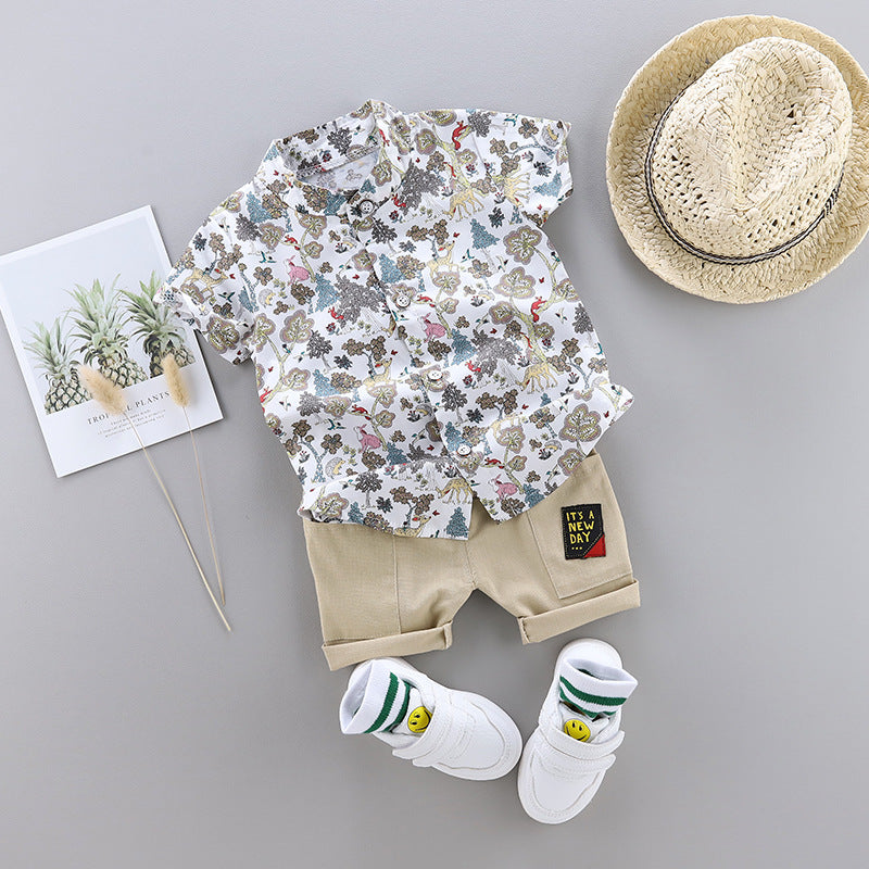 さらっと涼しくおしゃれが完成する 男の子シャツ&ショートパンツ上下セット ぞう柄プリント コットン 80~110cm