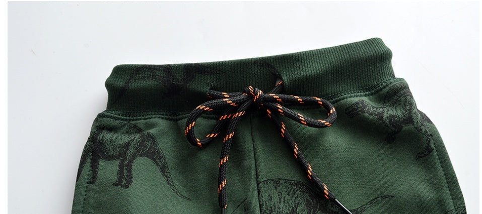 のびのび動けて毎日履きたくなる 子どもロングジョガーパンツ 恐竜総柄プリント コットンニット 2〜5歳