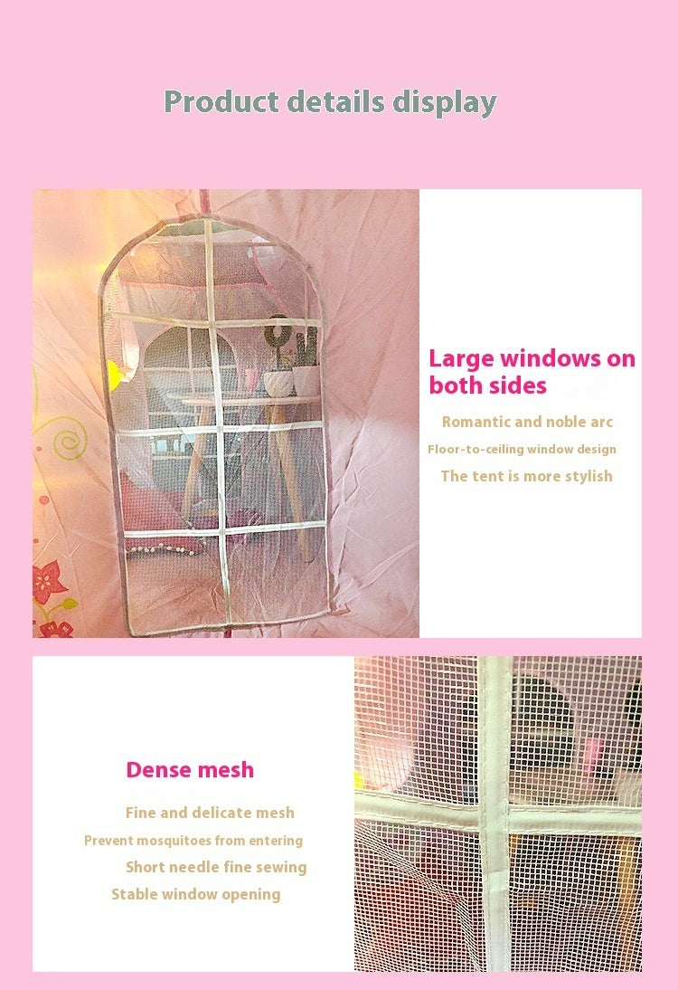 プリンセスキャッスルテント 商品ディテール表示 生地と縫製の説明イメージ(テキスト入り)