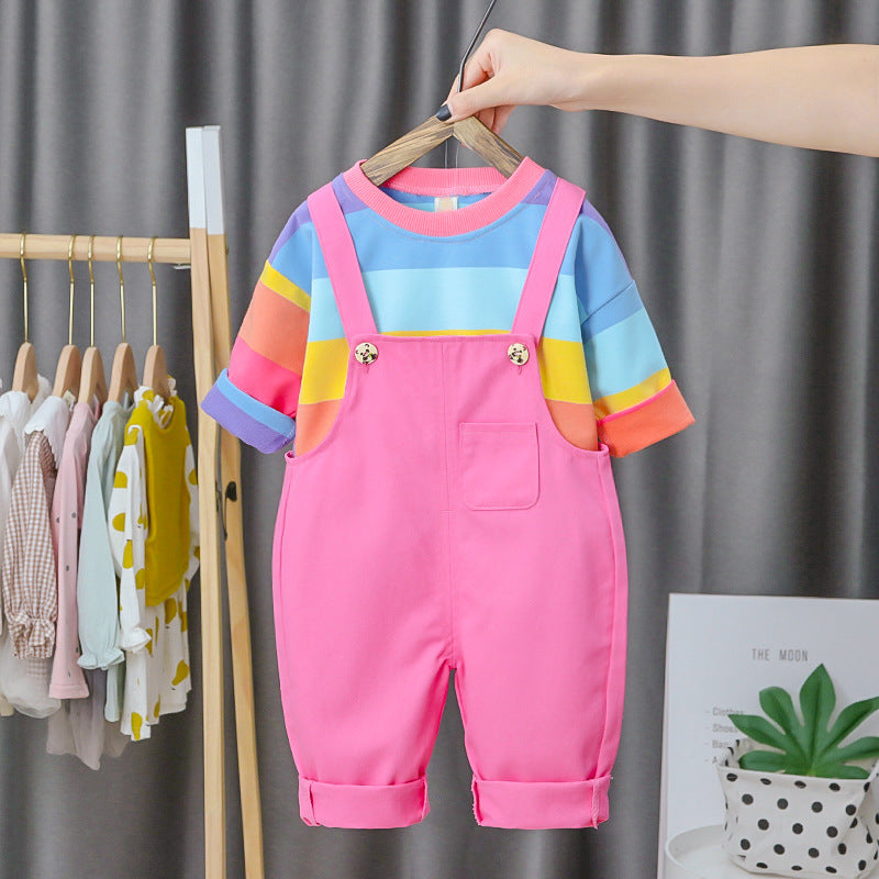 春のおでかけがぱっと華やぐ 女の子ビブサロペット上下セット カラフルボーダー 羽モチーフデザイン ソフト加工 90~120cm