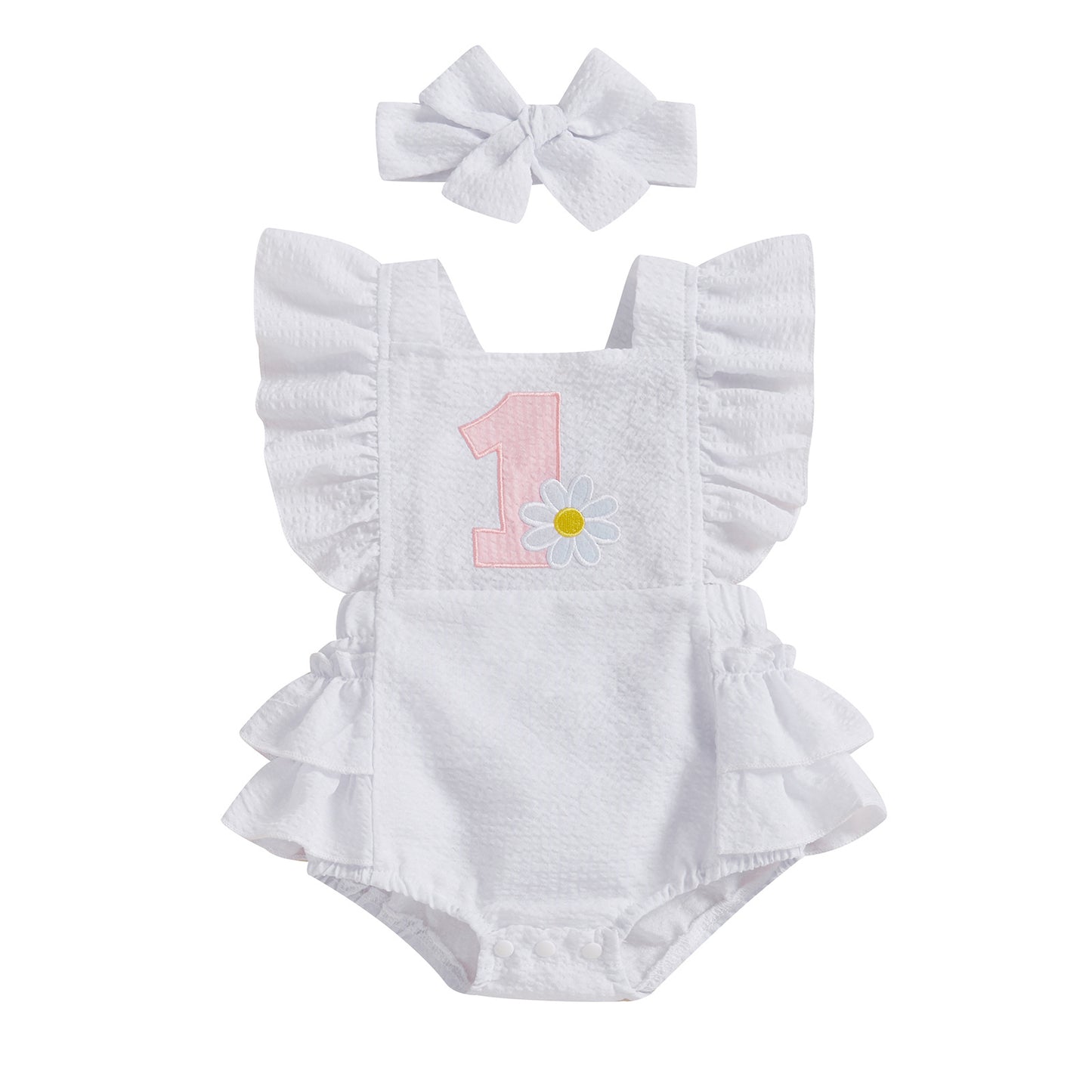 ホワイトのフリルロンパース 正面デザイン