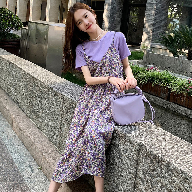 夏も軽やかに着映える マタニティワンピース レイヤード風 小花柄 半袖 ラウンドネック コットン混素材 M〜XXL