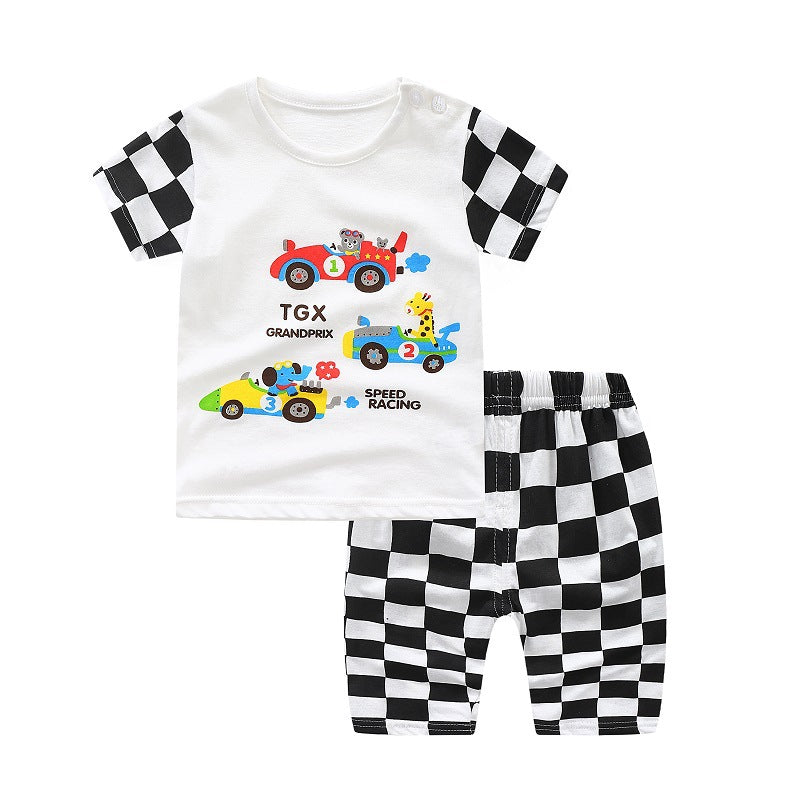 汗ばむ季節も軽やかに過ごせる 子ども半袖Tシャツ&クロップドパンツ上下セット カートゥーンプリント コットン 70~110cm