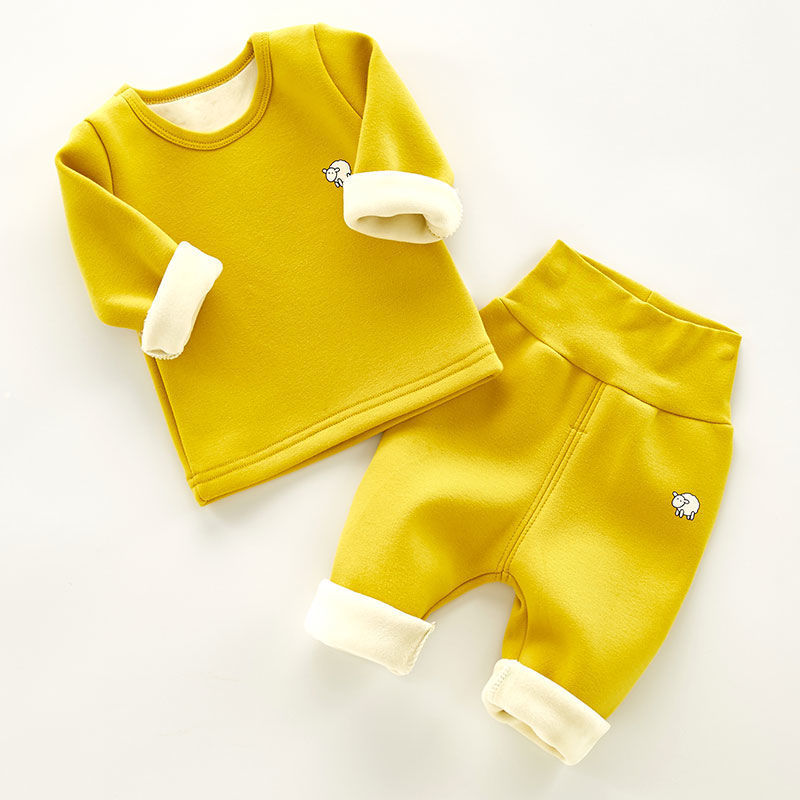 ふんわり重ね着に便利な 子どもサーマルインナー上下セット ひつじワンポイント ハイウエスト仕様 再生セルロース繊維 73〜110cm