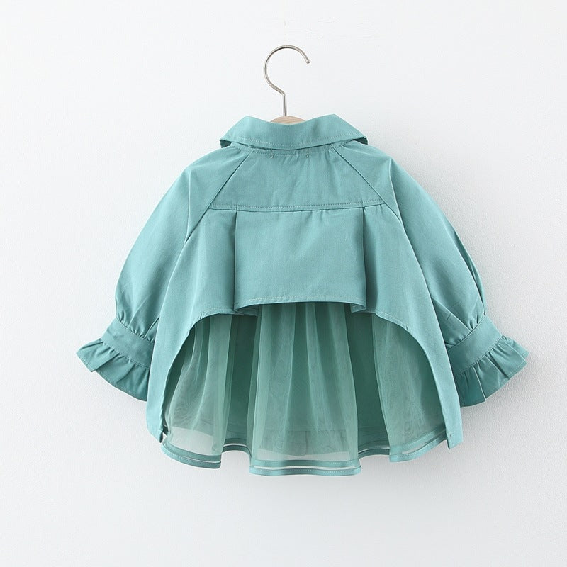 ふんわりチュールが揺れて上品かわいい 女の子ミドル丈ウィンドブレーカージャケット 襟付きフリル袖 コットン素材 73~100cm