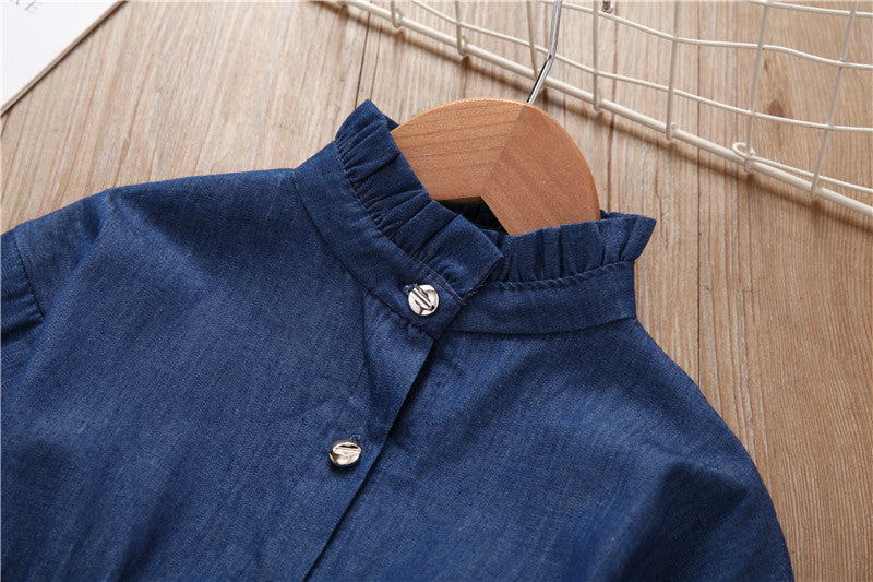 きちんと可愛いが一枚で完成する 女の子デニムプリンセスワンピース チュールメッシュ切替 サンディング加工コットン 90~130cm