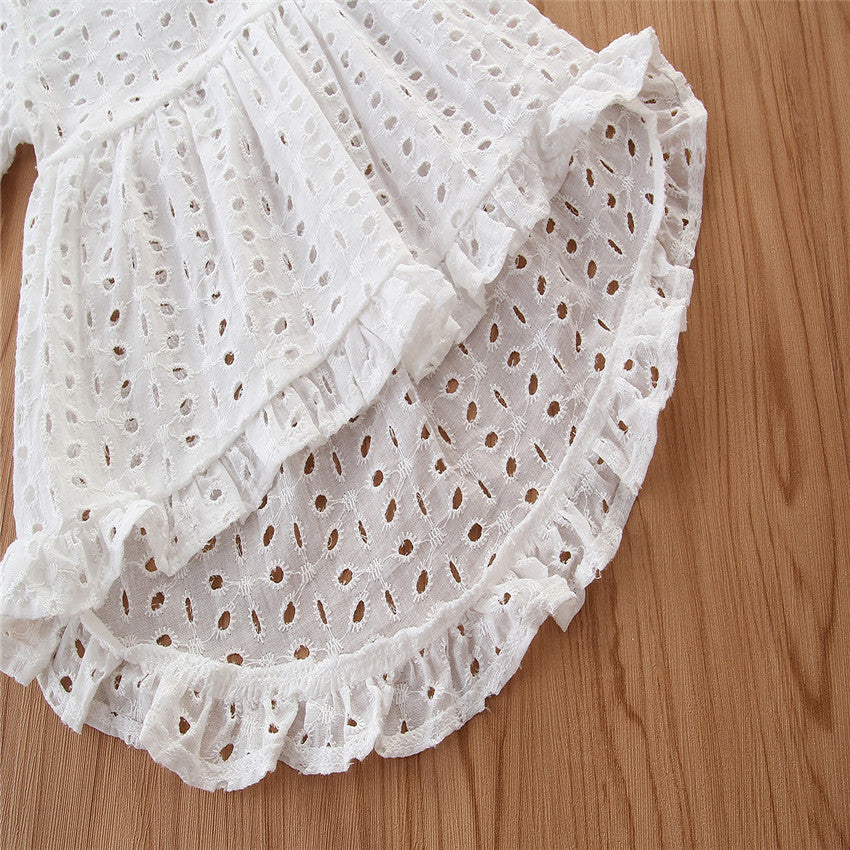 ふんわりカットワークが上品に映える 女の子セットアップ イレギュラーヘムトップス+リボンパンツ コットン95% 70〜100cm