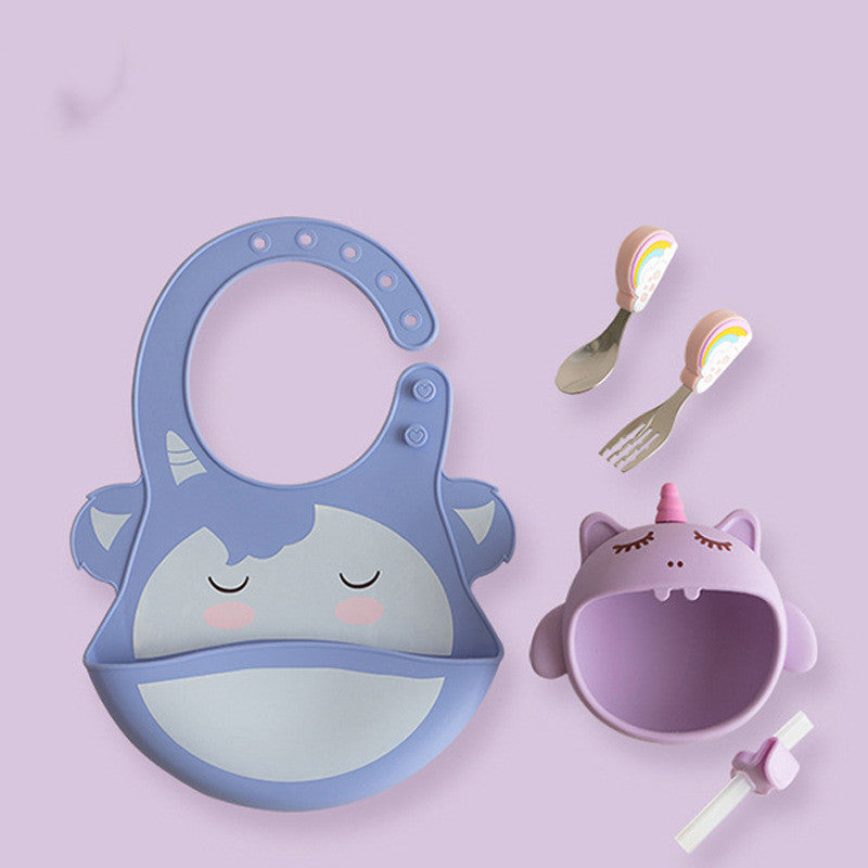 12ヶ月頃から安心・快適に自分で食べるを育てる ベビー用シリコン食器5点セット ビッグマウス動物デザイン(スタイ・ボウル・スプーン・フォーク)防汚