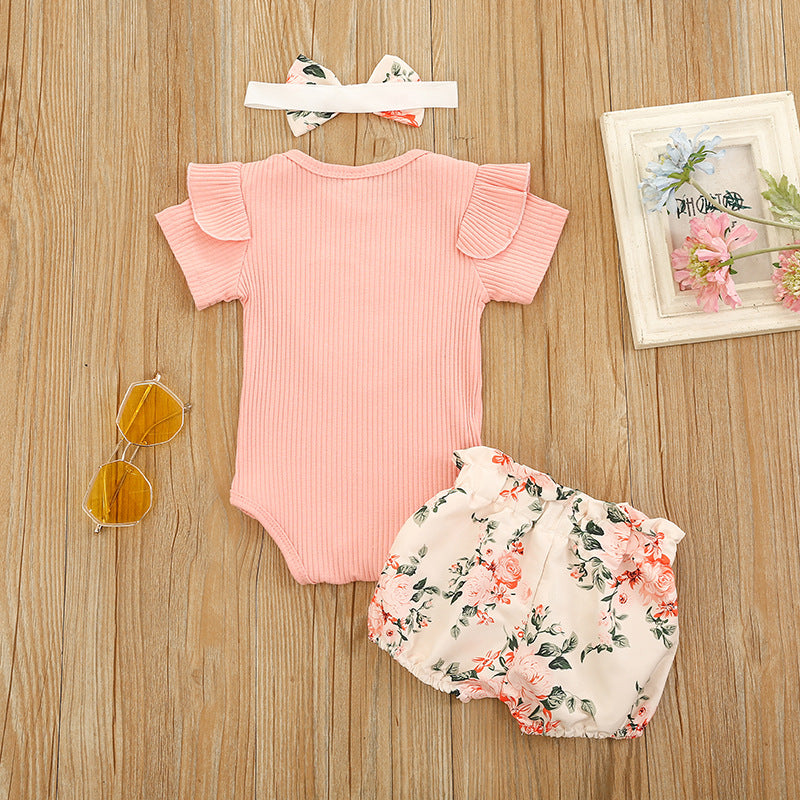 ふんわりフリル袖が愛らしい 女の子半袖リブロンパース&花柄ショートパンツセット ハート刺繍 ピンク 70〜100cm