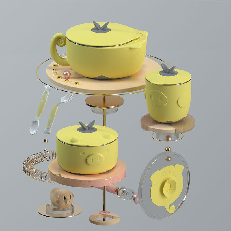 イエローの吸盤付きステンレスベビーボウルとカップを分解してスタンドに配置したイメージ画像(ステンレスベビー食器セット)