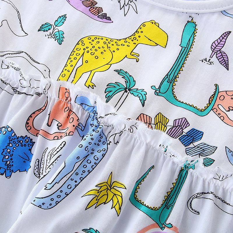 毎日がわくわくする 女の子半袖ワンピース 恐竜カートゥーン総柄 プリンセス風 シロ 90~140cm