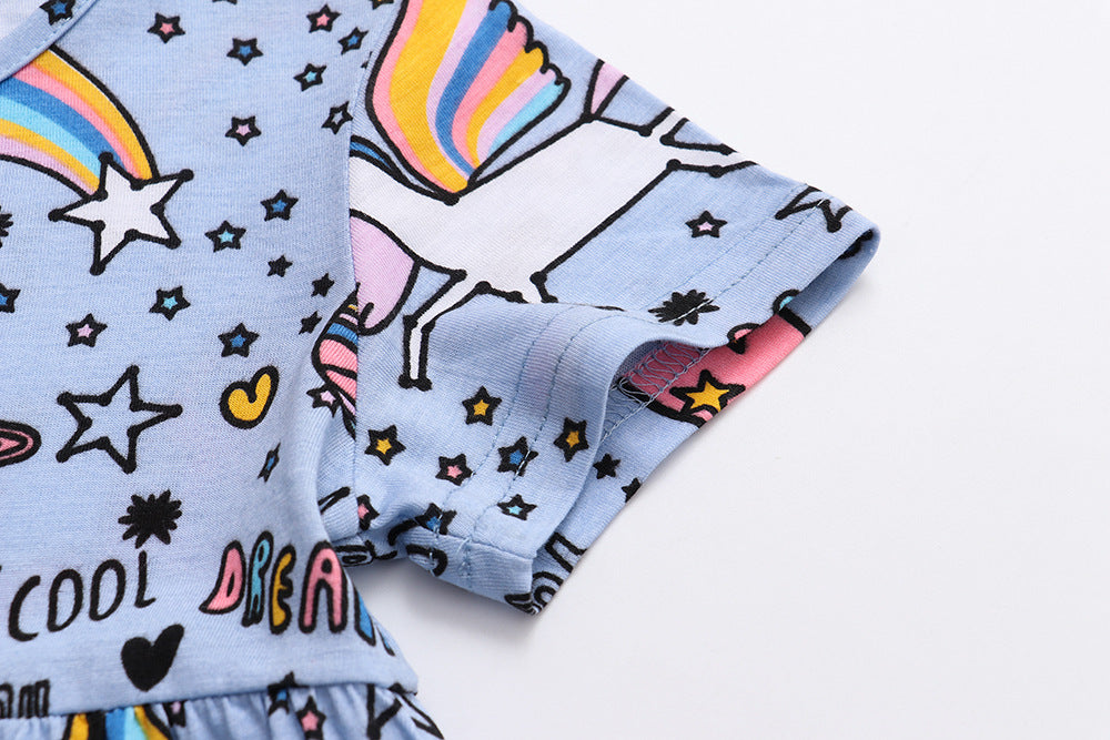 毎日がもっと楽しくなる 女の子半袖ワンピース ユニコーンと宇宙カートゥーン柄 コットン95% ブルー 2歳~7歳