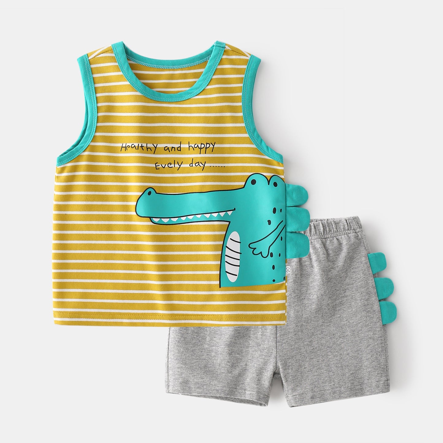 さらっと軽い着心地で夏がもっと楽しくなる 男の子ノースリーブ上下セット ボーダー×ワニプリント コットン100 90~130cm