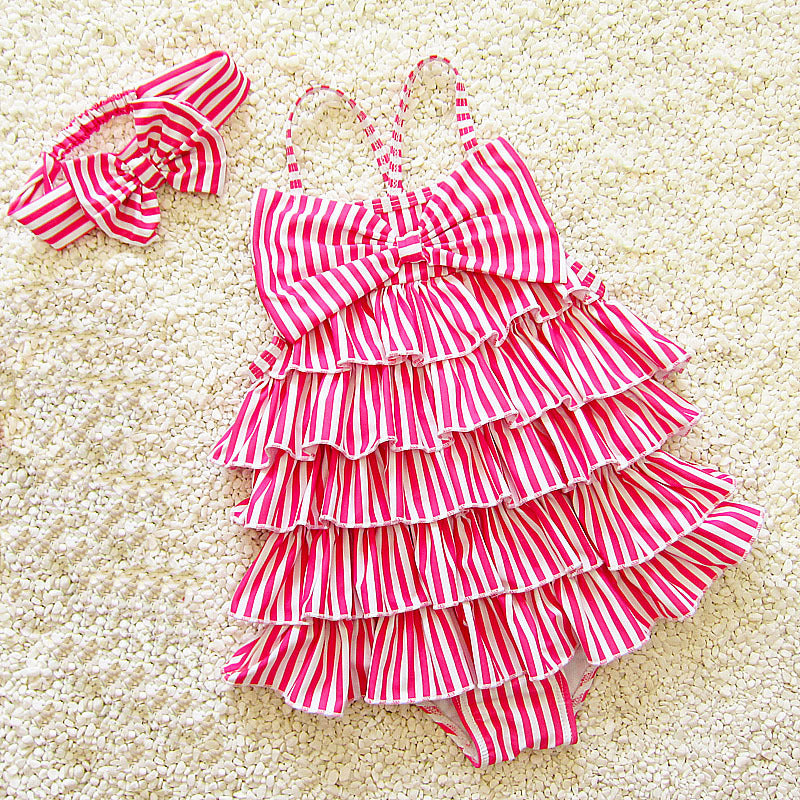 キッズ女の子 ネイビースタイル ボーダー&ビッグリボン フリルティアード ワンピース水着 ヘアバンド付き ワイヤーサポートあり 胸パッドなし 90cm・100cm・110cm・120cm・130cm