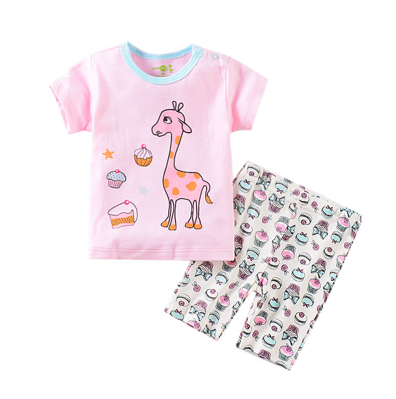 さらり薄手で毎日着せやすい ベビー女の子半袖Tシャツ&ショートパンツ上下セット キリン&スイーツ柄 コットン100% 6〜24ヶ月