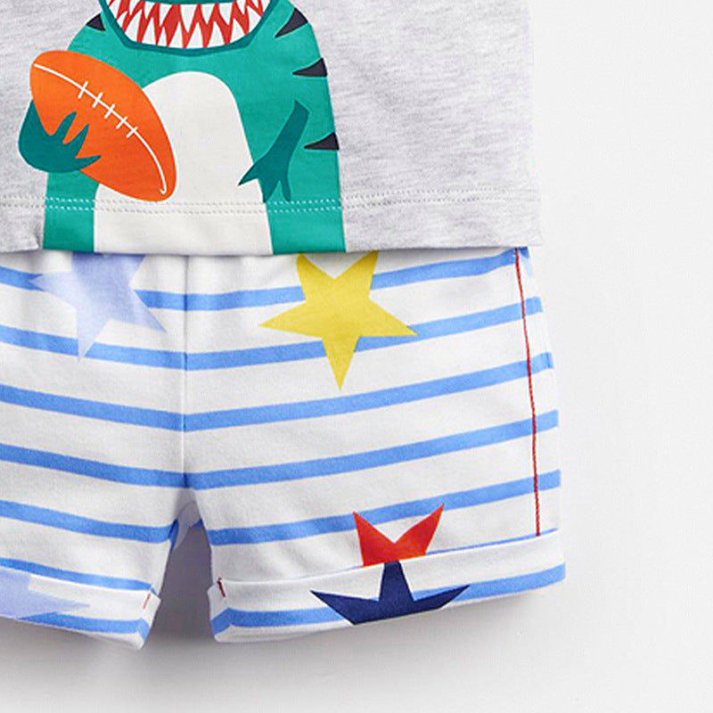 元気に遊べて夏コーデが即完成する 男の子半袖Tシャツ&ショートパンツ上下セット 恐竜カートゥーンプリント ニットコットン グレー 90~140cm