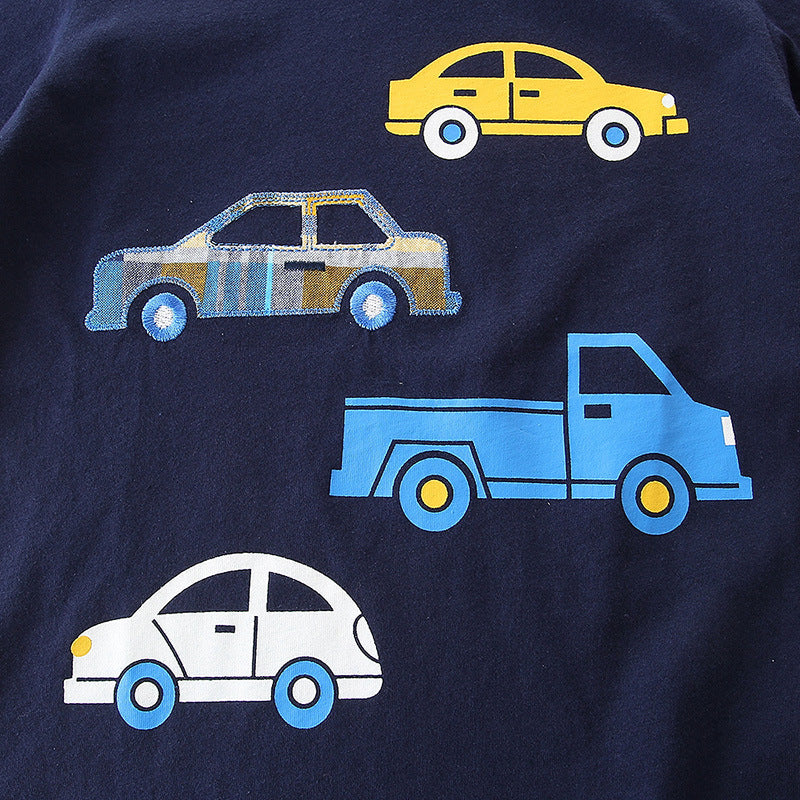 夏の元気コーデが一枚で決まる 男の子半袖Tシャツ&チェックショートパンツセット 車カートゥーン刺繍タイプ ネイビー コットン100% 90~140cm