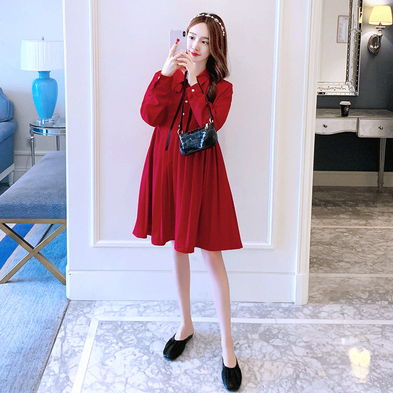 きちんと可愛いが叶う マタニティワンピース ラペルカラー リボン付き プリーツ ミディ丈 ポリエステル素材 M〜2XL