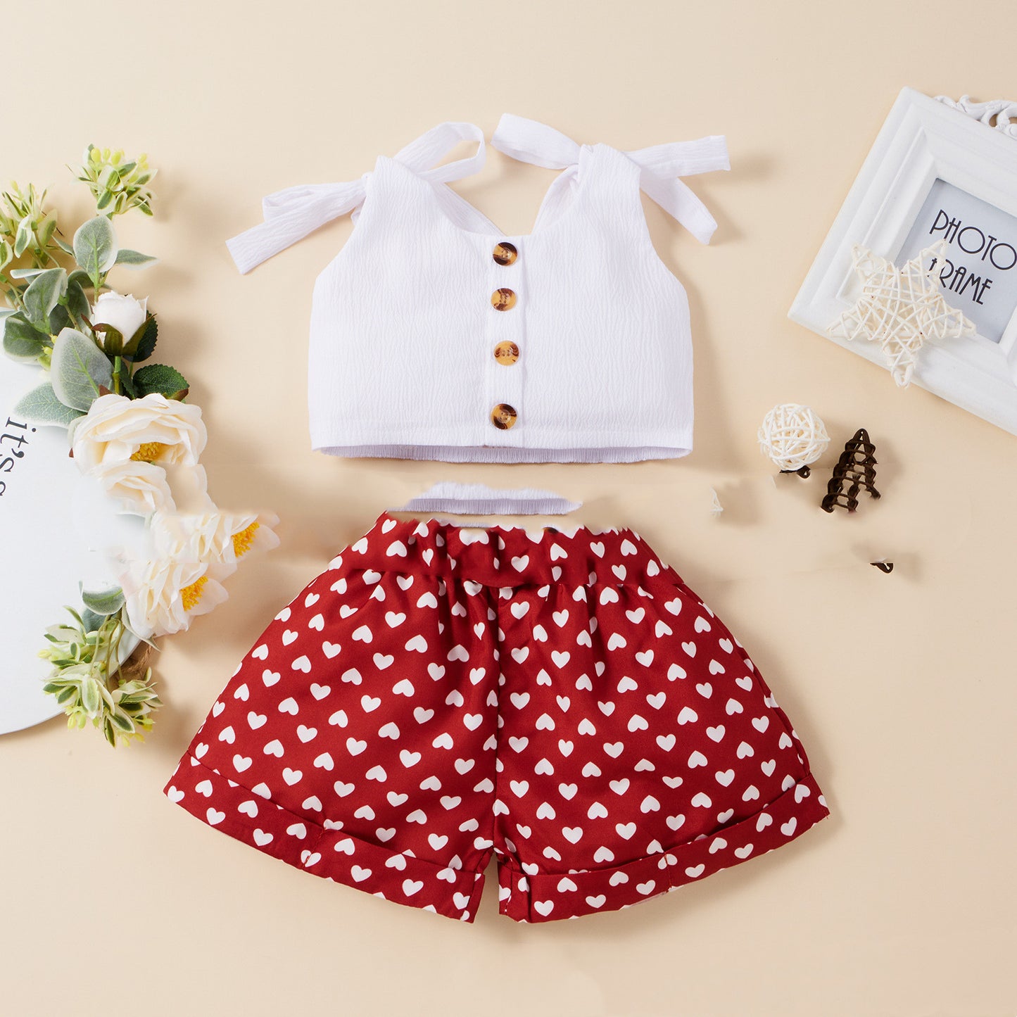 甘さ控えめで可愛く決まる 女の子ノースリーブトップス&ハート柄ショートパンツ2点セット コットン95% 80〜120cm
