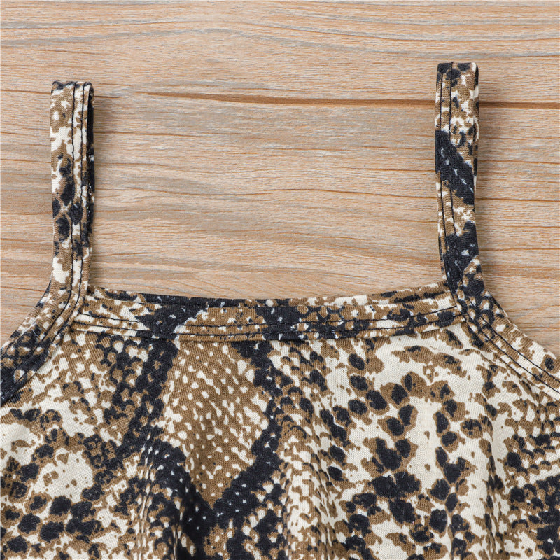 甘辛パイソン柄でおしゃれに決まる 女の子ノースリーブトップス&フレアパンツ上下セット ブラックプリント コットン95% 80~110cm