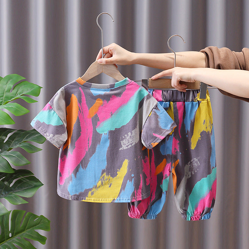 男の子 夏用 スポーツカジュアル 半袖Tシャツ+ジョガーパンツ 上下2点セット(コットン)宇宙飛行士プリント