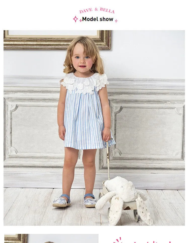 清楚ストライプで写真映えする 女の子ノースリーブワンピース ブルー×ホワイト縞柄 立体襟デザイン コットン100% 66~130cm