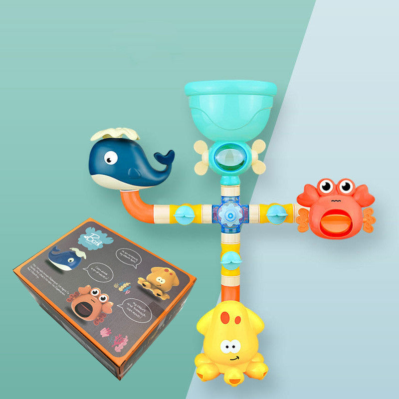 パッケージ箱と一緒に撮影されたクジラとカニ付きベビーお風呂ウォーターパークトイの商品イメージ