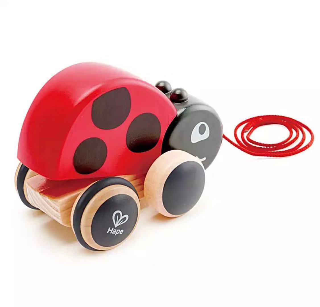 白背景でひも付きのてんとう虫デザイン木製プルトイを写した商品写真