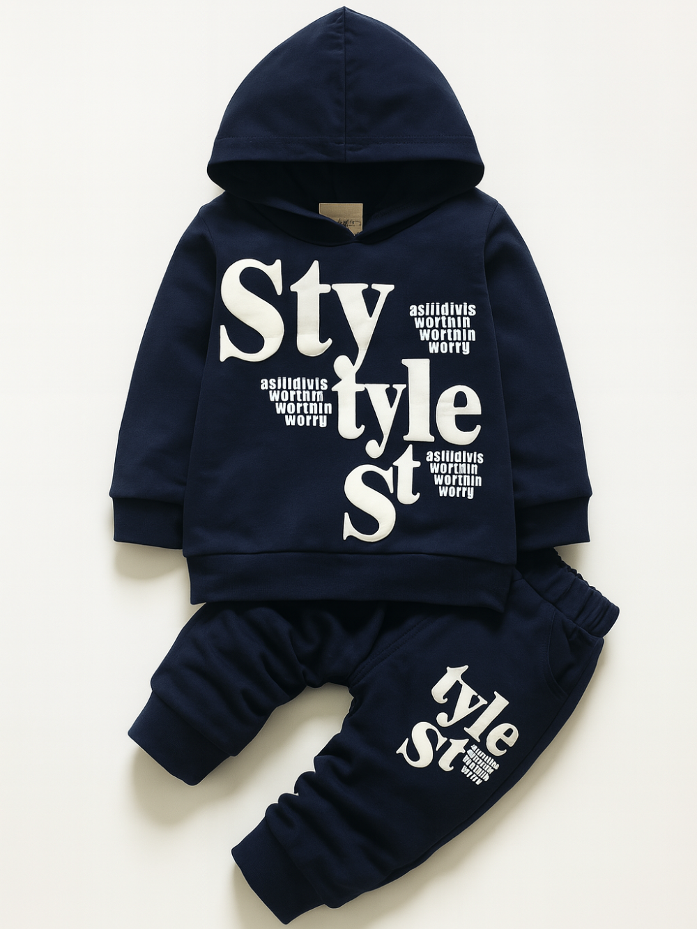 ネイビーカラーの子ども用レタープリントパーカーとパンツ上下セット