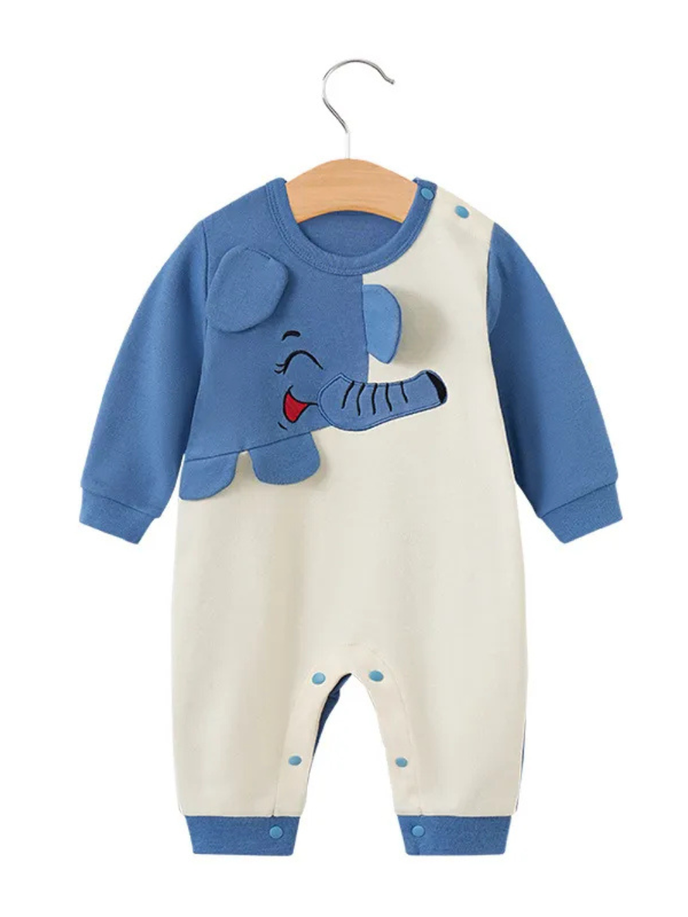 ゾウさんモチーフ付きブルー袖のベビー長袖カバーオール正面