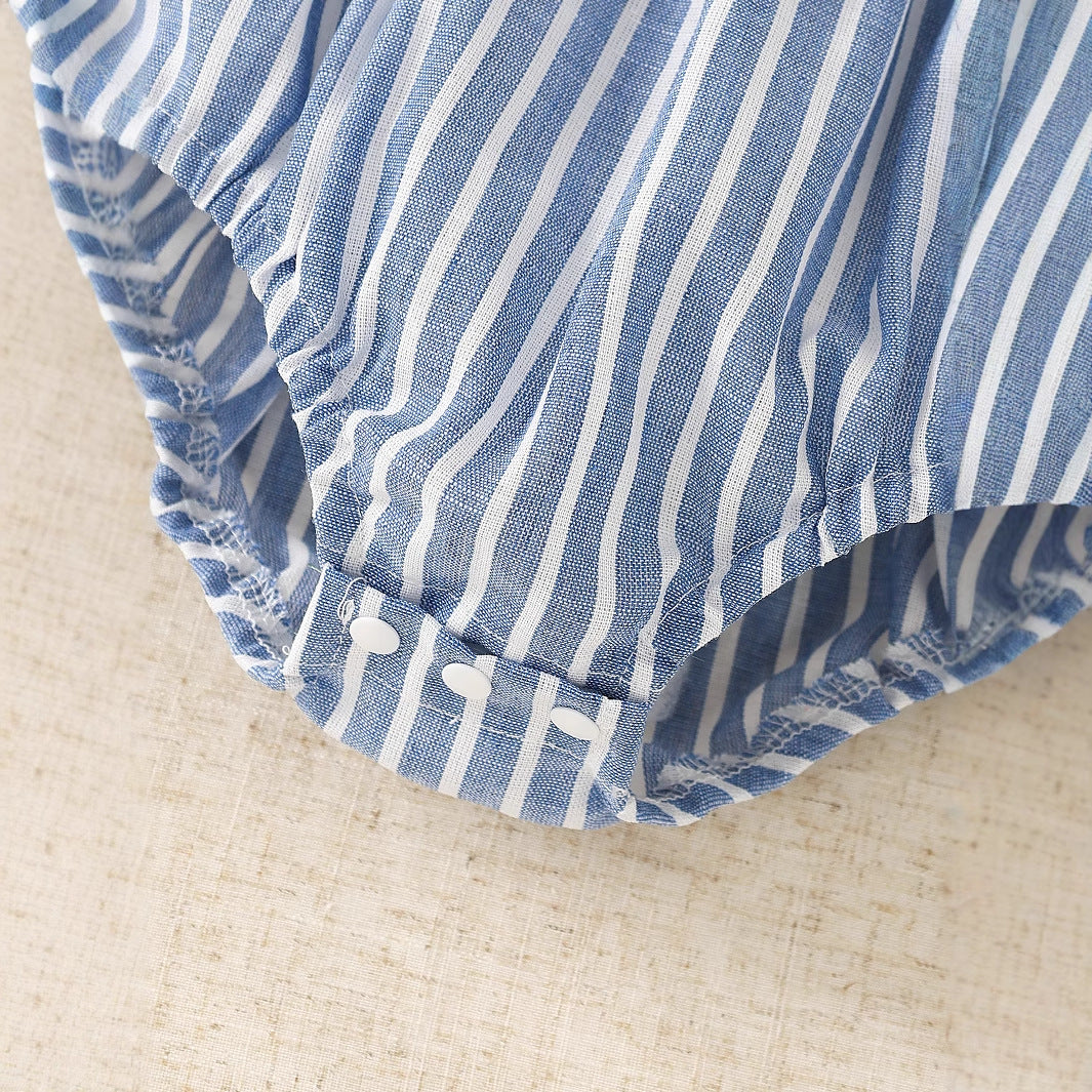 涼しく可愛くおめかしできる 女の子サロペットロンパース ブルー×ホワイトストライプ 大きめリボン ポリエステル ノースリーブ ヘアバンド付き 1〜24ヶ月