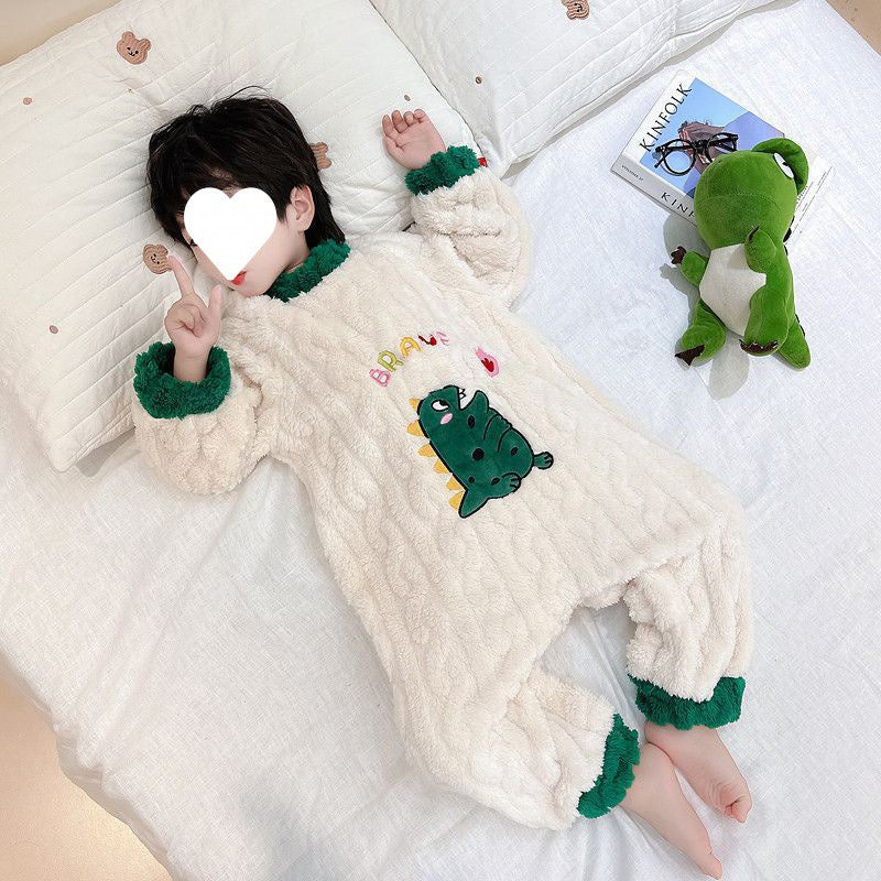 男の子向けダークグレー恐竜フランネルパジャマの全身イメージ