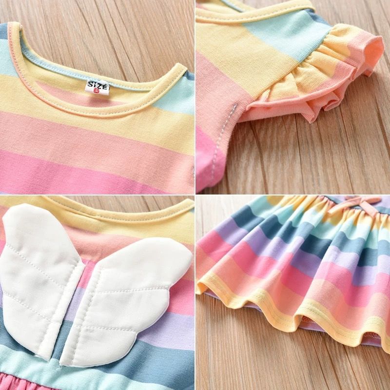 夏にさらっと軽やかに映える 女の子ノースリーブワンピース レインボーストライプ 背中モチーフ付き コットン混(綿50%) 100~140cm