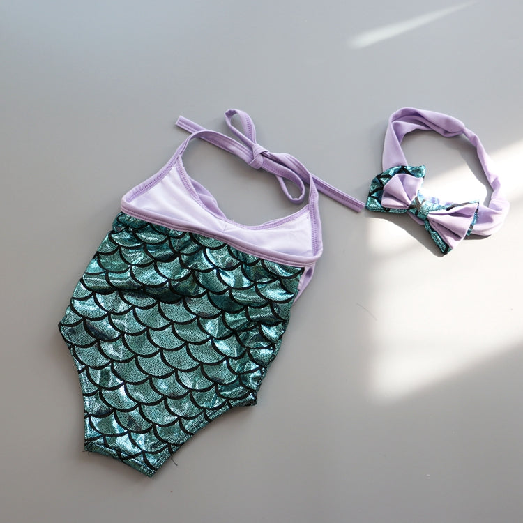 マーメイド柄 リボンホルターネック ワンピース水着 ヘアバンド付き パープル 2歳〜7歳