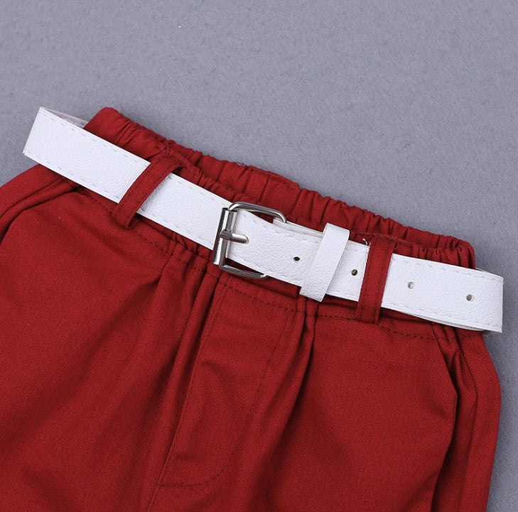 きちんと見えで好印象にきまる 子ども半袖ポロシャツ上下セット 花柄シャツ×レッドワインショーツ さらっと軽い着心地 90~140cm