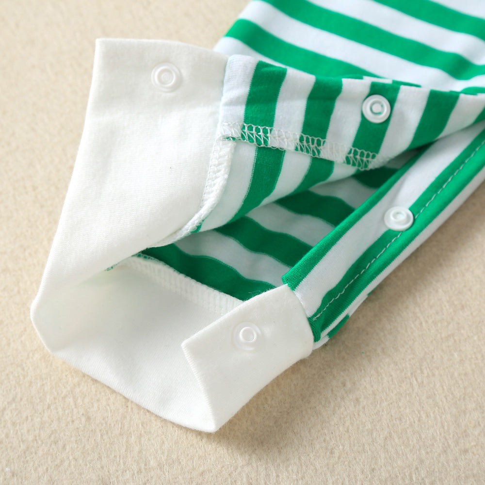 おむつ替えもスムーズで快適 子ども長袖カバーオール グリーンボーダー きりんアップリケ コットン混 60〜90cm