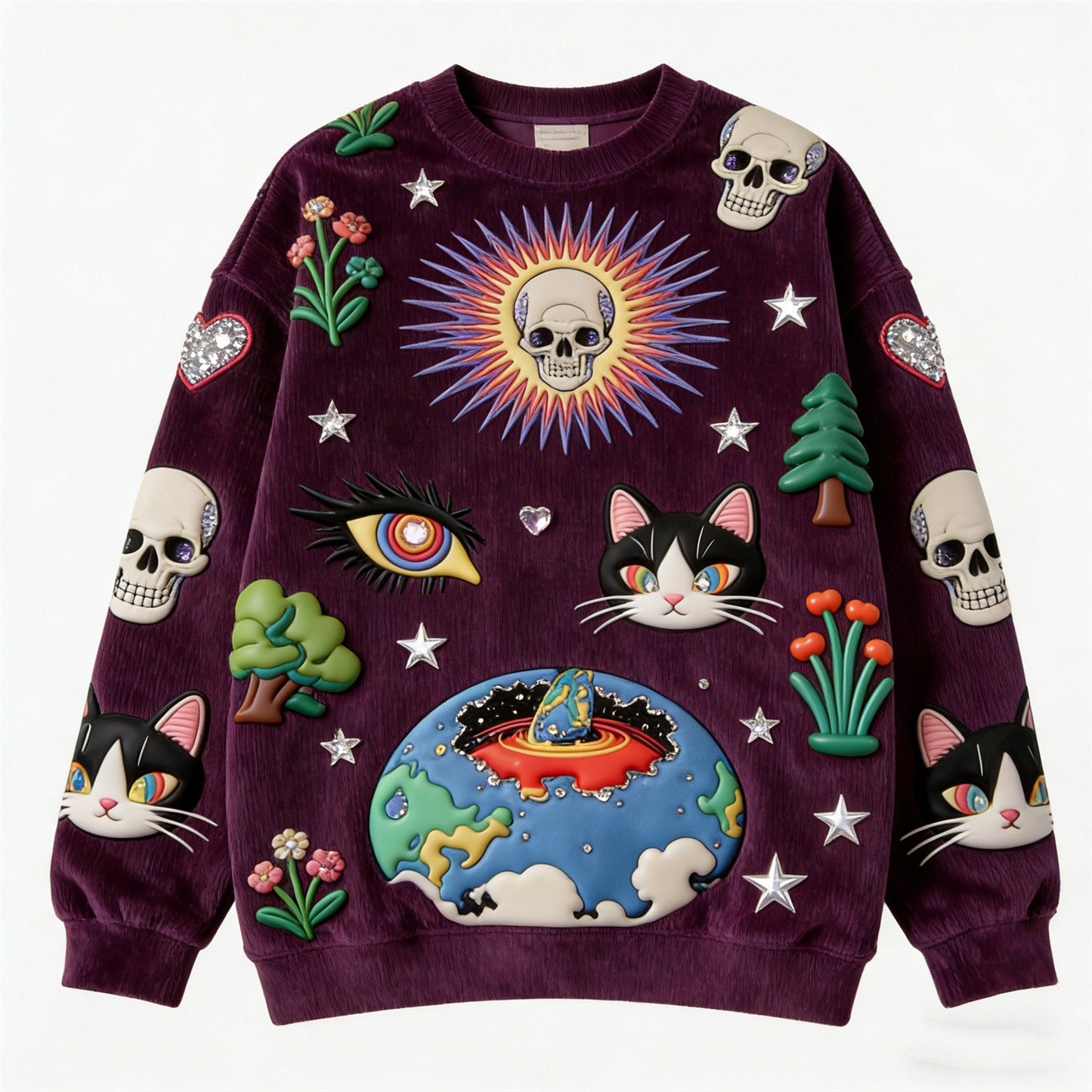 個性派デザインが映える 立体モチーフ クルーネックトレーナー XS〜XL