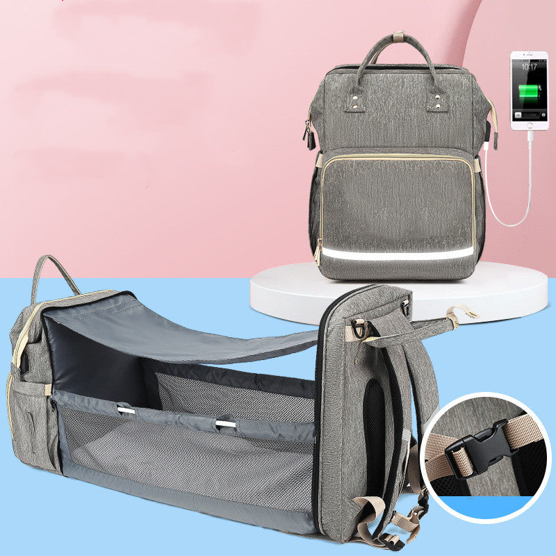 【折りたたみベッド一体型】防はっ水マザーズリュック 20〜35L 哺乳瓶ポケット付き ダブルストラップ ジッパー開閉