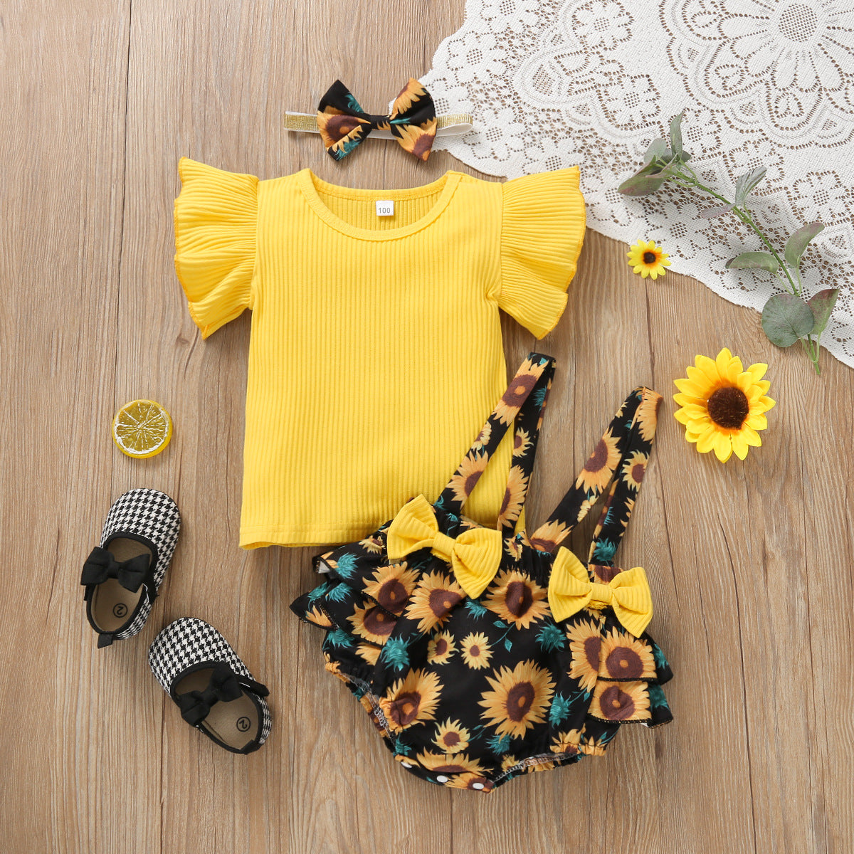 レオパード柄ブルマが主役 ベビー女の子 リブ半袖トップス+サスペンダーブルマ+ヘアバンド 3点セット 70〜100cm