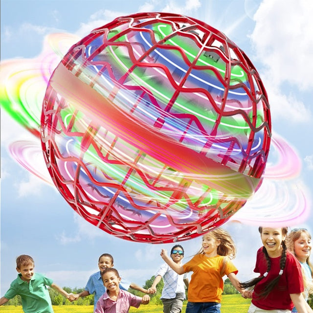 レッドのLEDフライングボール 屋外で光の軌跡が映える飛行イメージ