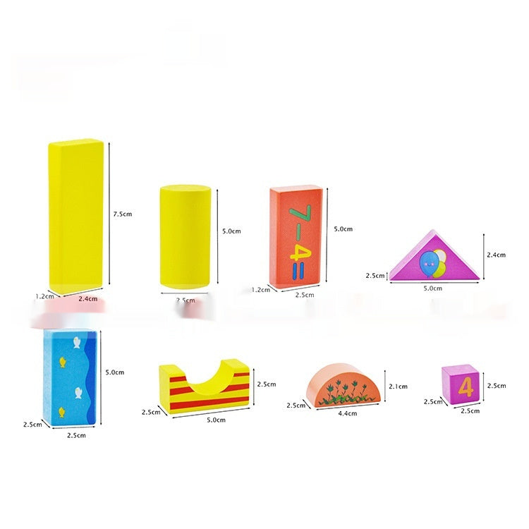 数字や計算式が印字されたブロックが階段状に積まれているアップ画像