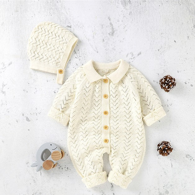 ホワイトとライトグレーのベビーニットロンパース