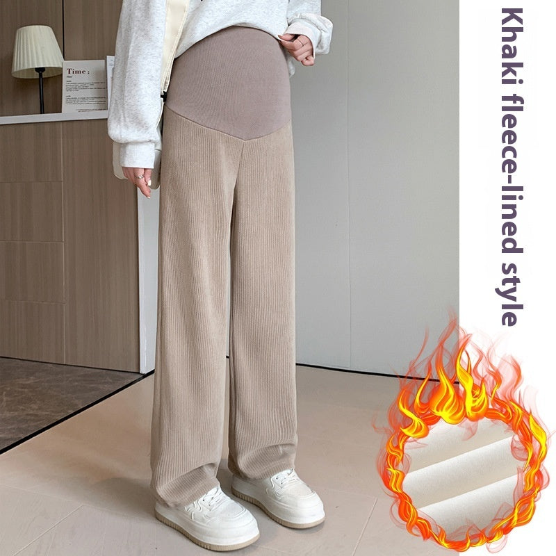 カーキの裏地付きマタニティワイドパンツ やさしい肌当たりでデイリーに活躍