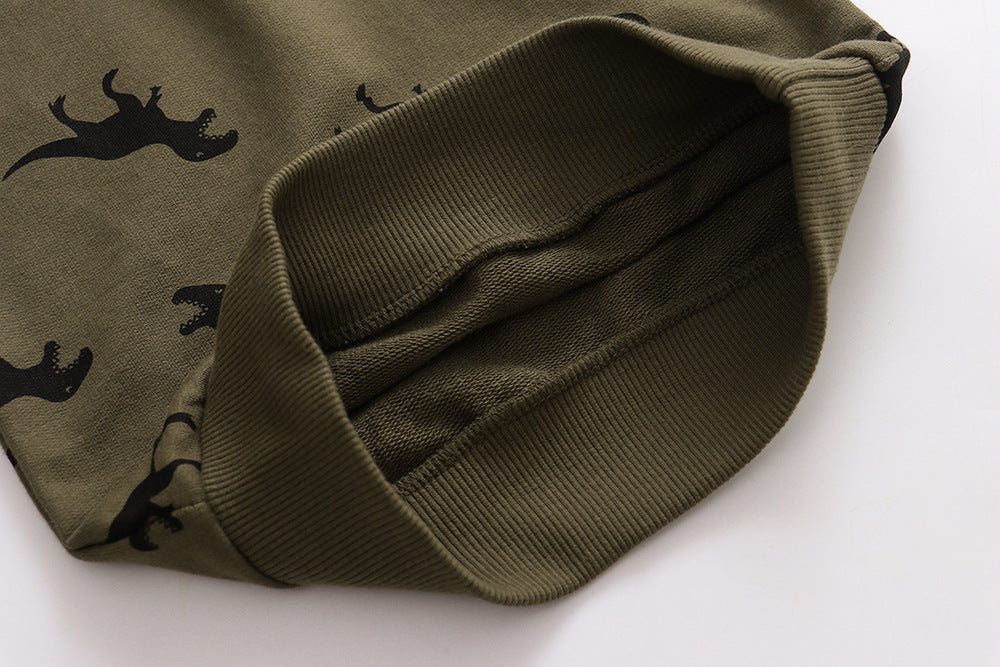 ふんわり快適で季節の変わり目に頼れる 男の子クルーネックトレーナー 恐竜カートゥーン総柄 コットン 90〜140cm