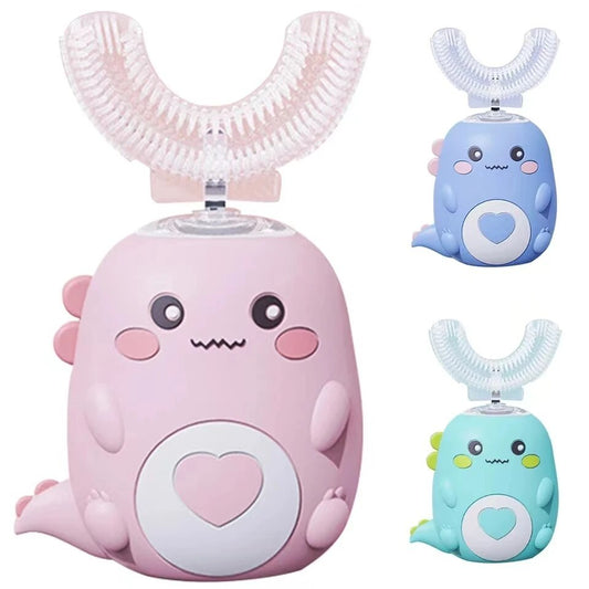 ピンクカラーのU字型ブラシヘッド付き子供用電動歯ブラシのクローズアップ