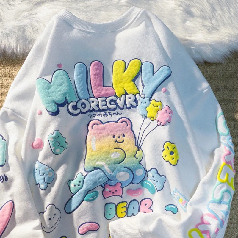 ふんわりポップなくまプリントが可愛い 子どもスウェットトレーナー カラフル立体ロゴ ラウンドネック コットン混 120~170cm