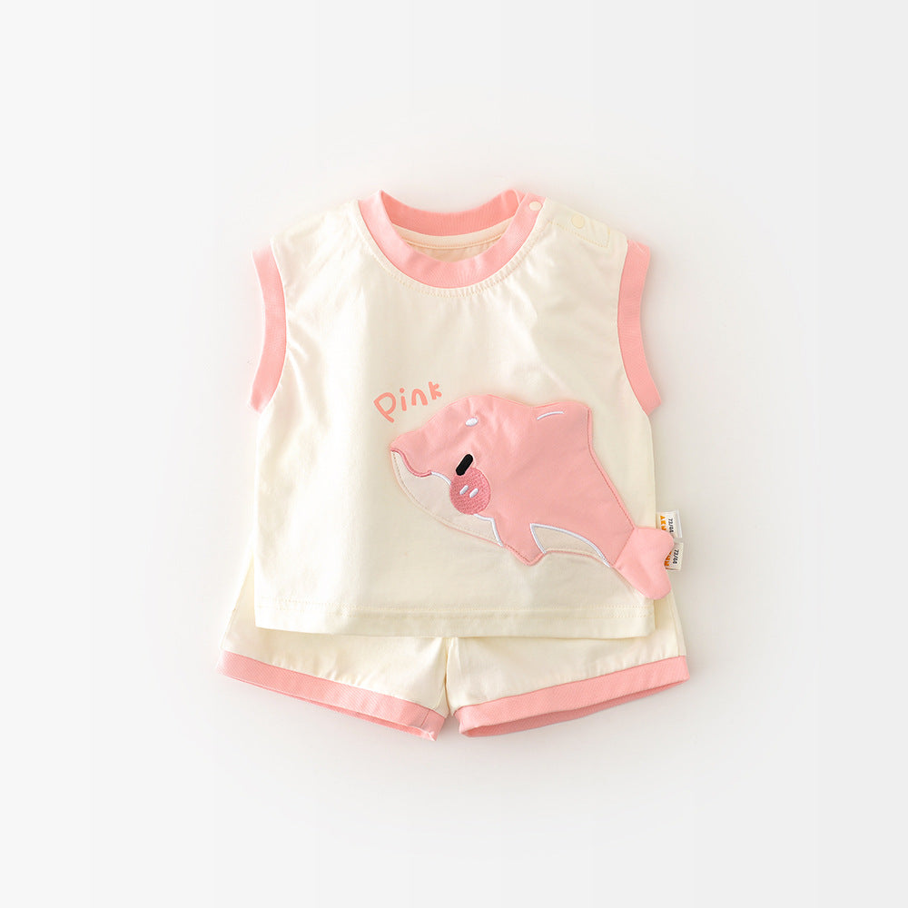 さらっと涼しく夏のごきげんコーデが完成する 子どもシャークデザインノースリーブセットアップ ショートパンツ付き コットン混 73〜100cm